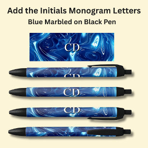 Your Initials Monogram Blue Marbled Black Ink Pen