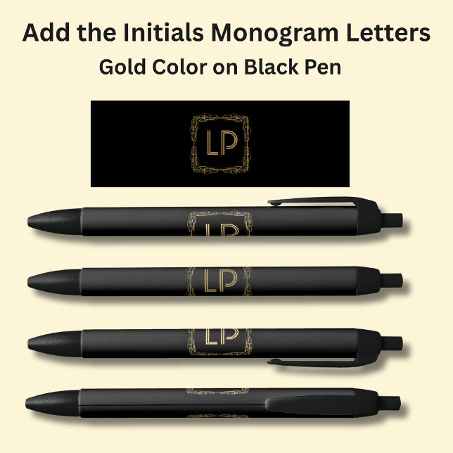 Your Initials Monogram Gold Geometric on Black Black Ink Pen (Creator Uploaded)