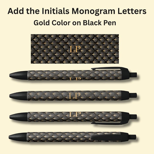 Your Initials Monogram Gold Geometric on Black Ink Pen (Creator Uploaded)
