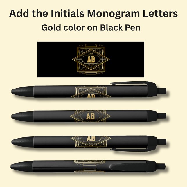 Your Initials Monogram Gold Geometric on Black Ink Pen (Creator Uploaded)