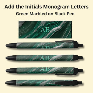 Your Initials Monogram Green Marbled Black Ink Pen
