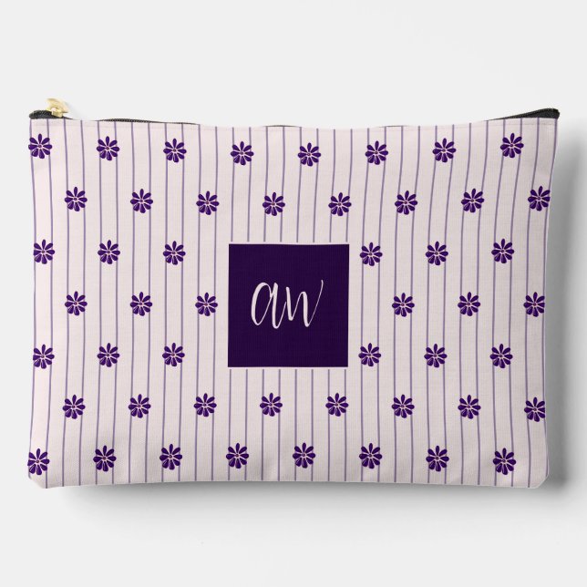 Your Initials Violet & Blush Stripes Purple Blooms Accessory Pouch (Front)
