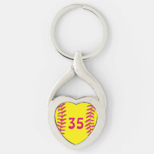 Your Jersey Number Heart Softball Keychains