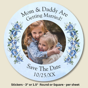 Your Kids Photo Mom Dad Getting Married Blue Peony Classic Round Sticker