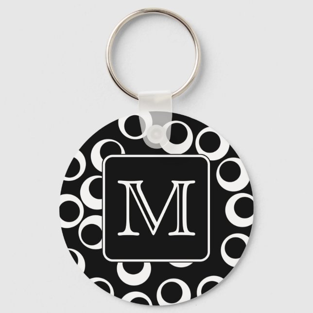 Your Letter. Black and White Monogram. Fun Pattern Key Ring (Front)