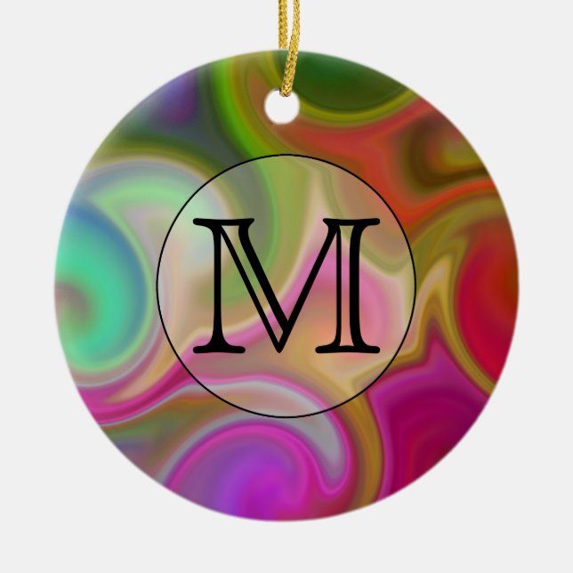 Your Letter, Colourful Swirls and Custom Monogram. Ceramic Tree Decoration (Front)