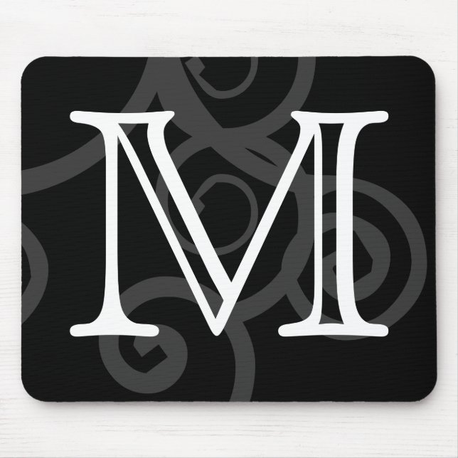 Your Letter. Custom Black / White Swirl Monogram. Mouse Mat (Front)