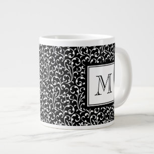 Your Letter. Custom Monogram. Black White Swirls Large Coffee Mug