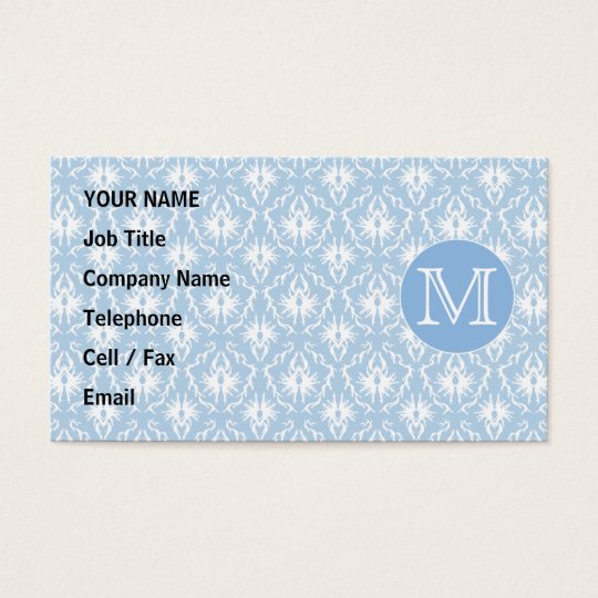Your Letter, Monogram. Pale Blue Damask Pattern. Business Card