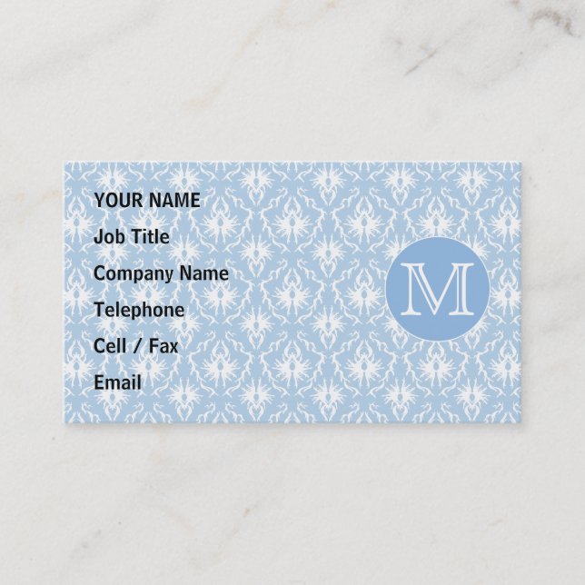 Your Letter, Monogram. Pale Blue Damask Pattern. Business Card (Front)