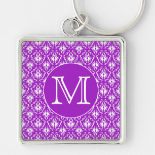 Your Letter. Purple and White Damask Pattern. Key Ring