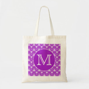 Your Letter. Purple and White Damask Pattern. Tote Bag