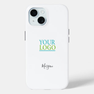 Your Logo/Art/Photo, Name Black Script, White iPhone 15 Case