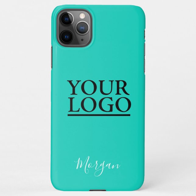 Your Logo/Art/Photo, White Script Name, Teal iPhone Case (Back)