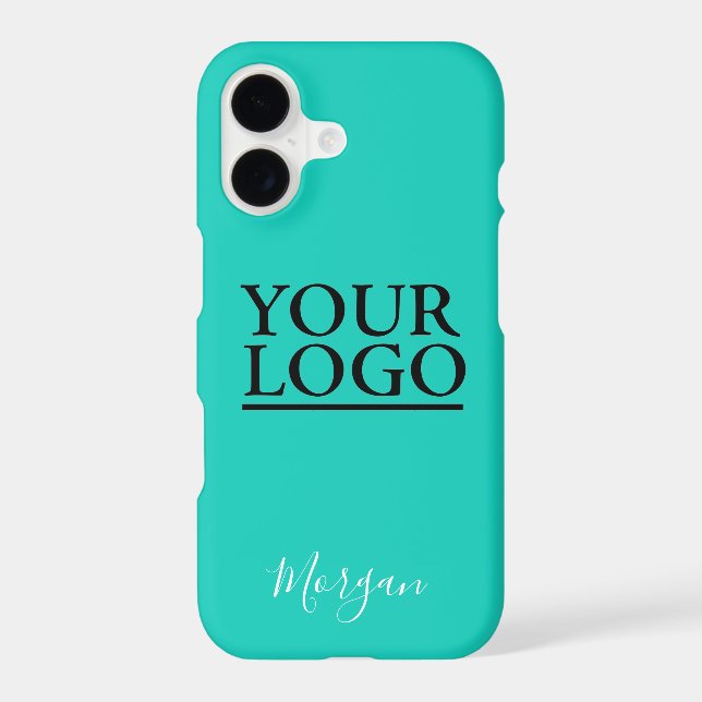 Your Logo/Art/Photo, White Script Name, Teal iPhone Case (Back)