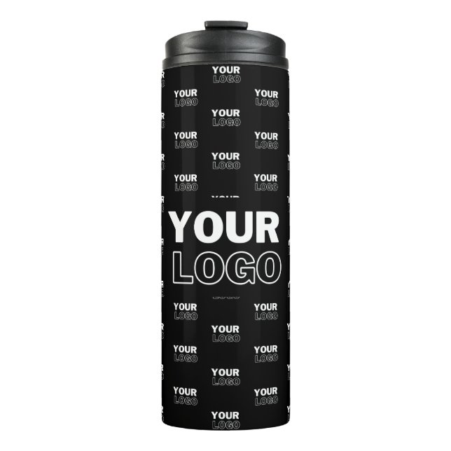 Your Logo & Background Repeating Logo | Black Thermal Tumbler (Front)