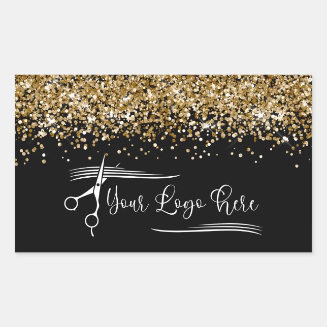 Your Logo Black and Gold Glitter Glam Rectangular Sticker (Front)