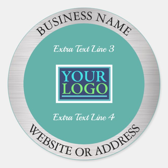 Your Logo Bus. Promo, Info, Silver Metal & Teal Classic Round Sticker (Front)