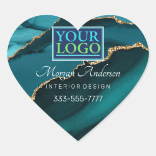 Your Logo Business DIY Teal Black & Gold Agate Vs2 Heart Sticker