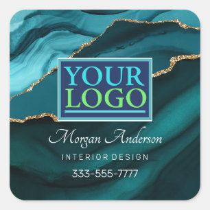 Your Logo Business DIY Teal Black & Gold Agate Vs2 Square Sticker