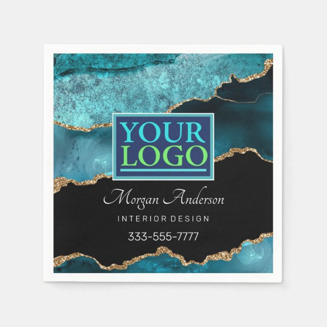 Your Logo, Business DIY, Teal Black Gold Agate Vs3 Napkin (Front)