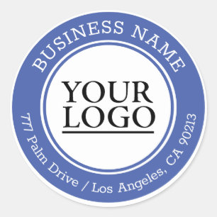 Your Logo, Business Name Address, Med Blue & White Classic Round Sticker