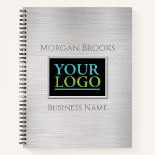 Your Logo, Business Name Brushed Steel & Black Notebook