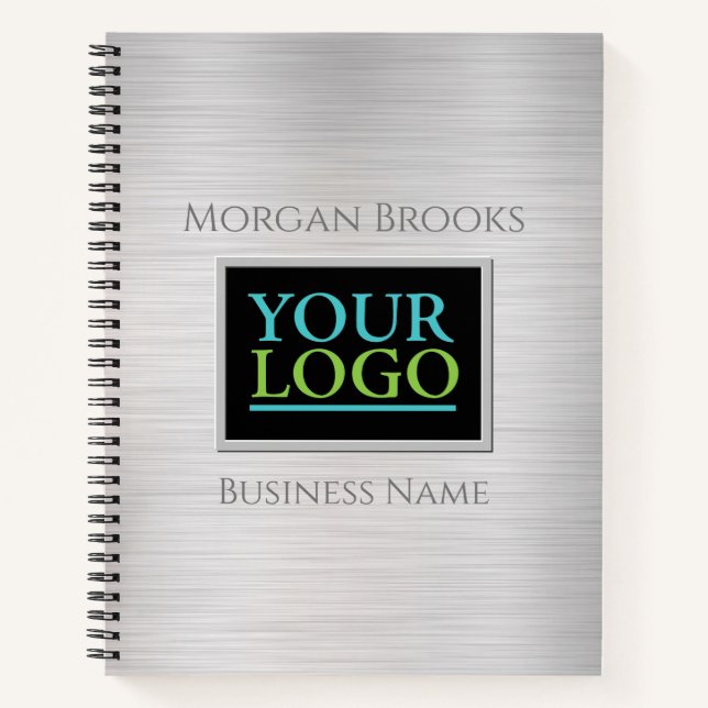Your Logo, Business Name Brushed Steel & Black Notebook (Front)