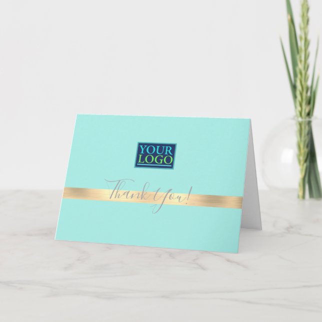Your Logo Business Name, Gold Stripe, Mint Green Thank You Card (Front)