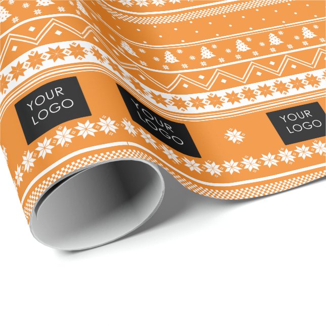 Your Logo Business Nordic Christmas Pattern Orange Wrapping Paper (Roll Corner)