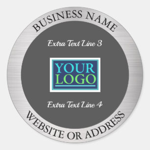 Your Logo Business Promo, All Info, Silver Metal Classic Round Sticker