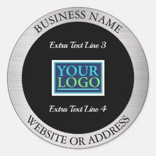 Your Logo Business Promo, Info, Silver Metal/Black Classic Round Sticker