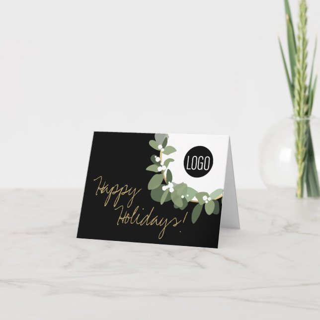 Your Logo Company Gold black Modern Wreath Small  Holiday Card (Front)