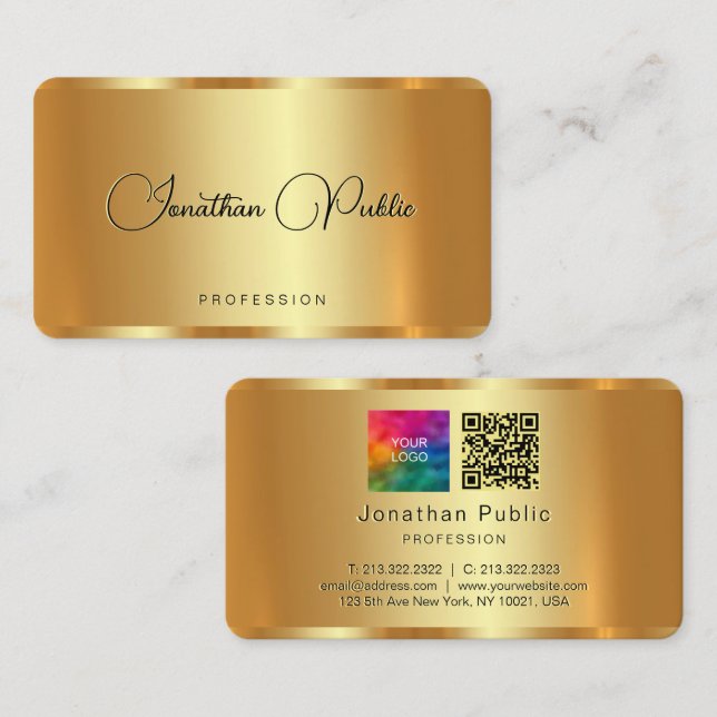 Your Logo Custom Text QR Code Elegant Gold Business Card (Front/Back)