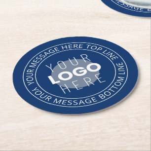 Your Logo & Customisable Circular Text   Navy Blue Round Paper Coaster
