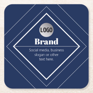 Your Logo & Customisable Modern Design   Navy Blue Square Paper Coaster