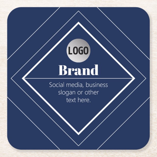 Your Logo & Customisable Modern Design | Navy Blue Square Paper Coaster (Front)