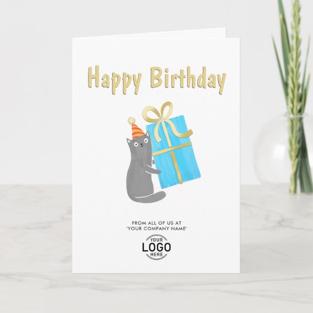 Your Logo Cute Cat Blue Gift Business Birthday Card (Front)