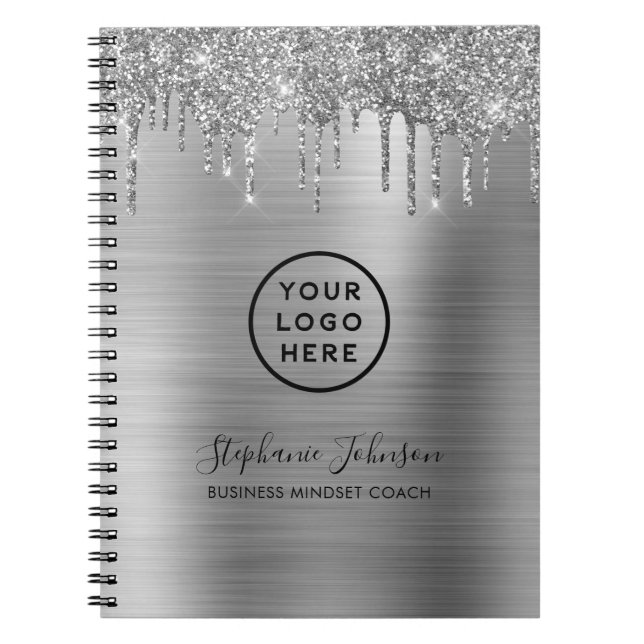 Your Logo Elegant Silver Metallic Glitter Drip Notebook (Front)