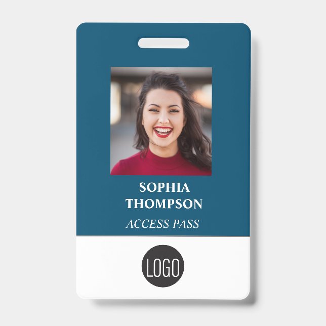 Your Logo Employee Name Photo Bar Code Blue ID Badge (Front)
