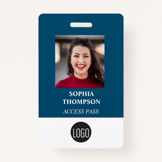 Your Logo Employee Name Photo Bar Code Blue ID Badge (Front)