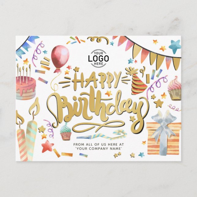 Your Logo Fun Party Faux Gold Business Birthday Holiday Postcard (Front)