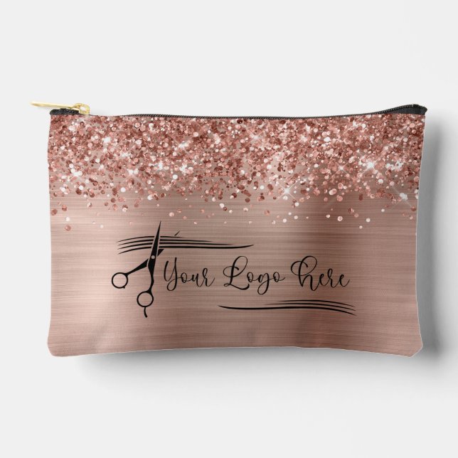 Your Logo Glittery Rose Gold Glam Accessory Pouch (Front)