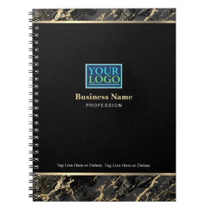 Your Logo, Gold Business Name, Black/Gold Marble Notebook