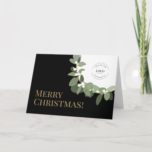 Your Logo Green Wreath Black Gold Merry Christmas  Holiday Card (Front)