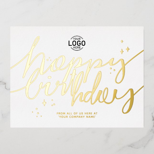 Your Logo Hand Script Minimalist Business Birthday Foil Holiday Postcard (Front)