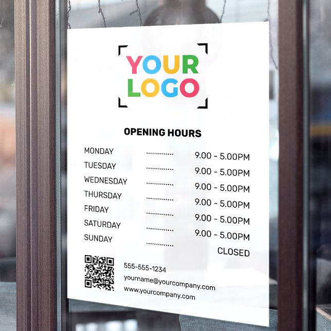 Your Logo Here Custom Opening Hours Business White Window Cling (Creator Uploaded)