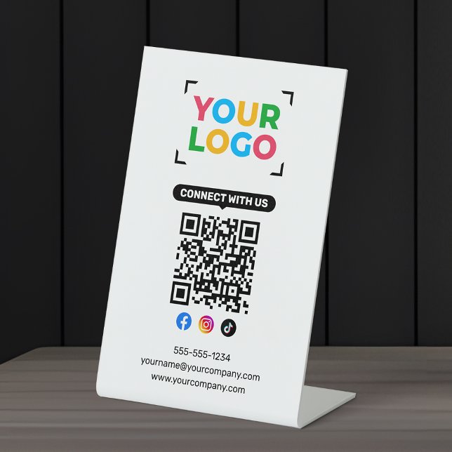 Your Logo Here Minimalist Connect with us QR code  Pedestal Sign (Creator Uploaded)