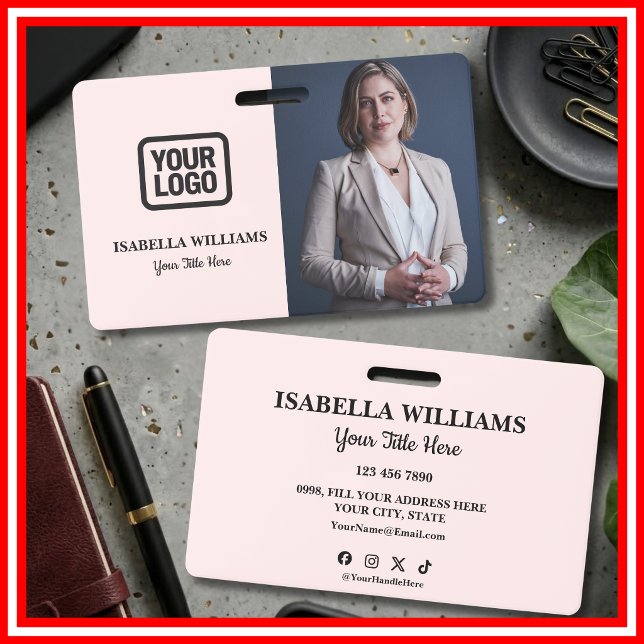 Your Logo Here Modern Pink Photo Staff Name ID Badge (Creator Uploaded)