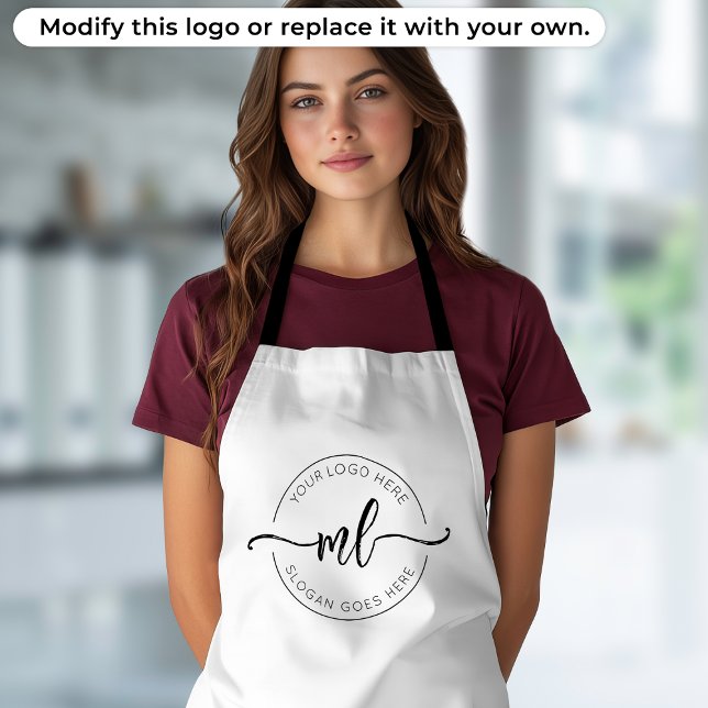 Your Logo Here Script Monogram Black and White Apron (Creator Uploaded)